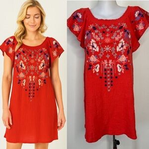 Umgee  Boho Embroidered Mini Dress Coral Orange Beachy Crepe Lightweight Sz S